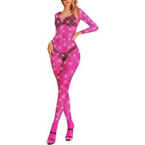 🆕Women Pink Classic Fishnet Body Stocking Lingerie Sparkle Stocking One Piece